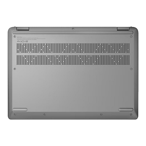 Grauer Laptop-Boden mit Lüftungsschlitzen, Schrauben und Produktinformationen.