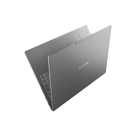 Grauer Laptop, leicht geöffnet, Ansicht von oben. Lenovo-Logo sichtbar.