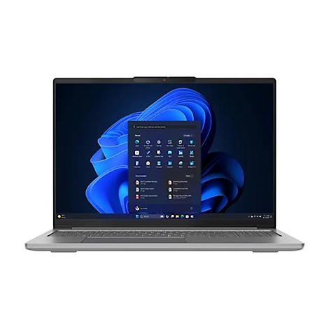 Hellgraues Laptop-Modell auf weißem Hintergrund mit geöffnetem Startmenü. Auf dem Bildschirm sind blaue Designelemente zu sehen.