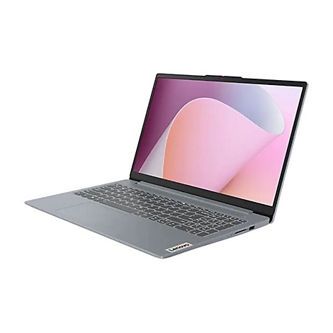 Ein grauer Laptop von Lenovo, leicht geöffnet. Der Bildschirm zeigt eine rosa und weiße Grafik.