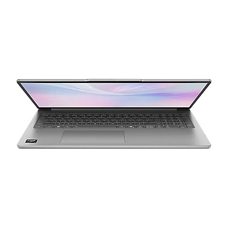 Ein silberner Laptop, halb geöffnet. Der Bildschirm zeigt einen rosa-blauen Farbverlauf, die Tastatur ist sichtbar.