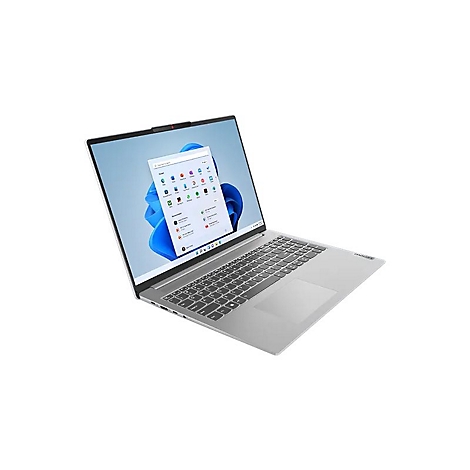 Grauer Laptop im Winkel auf weißem Hintergrund. Bildschirm zeigt Windows-Oberfläche.