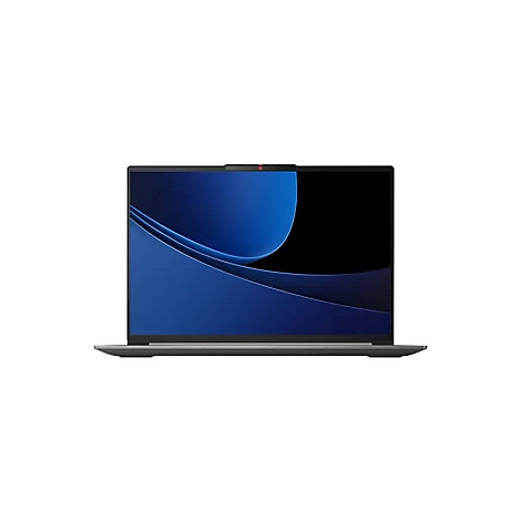 Ein geöffneter Laptop mit blauem Bildschirm, vor neutralem Hintergrund. Oben eine Webcam.