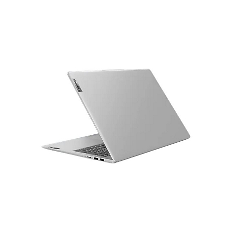 Grauer Laptop von Lenovo in leicht geöffneter Position auf weißem Hintergrund. Das Logo ist sichtbar.