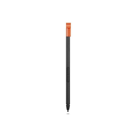 Schwarzer Stylus mit orangefarbener Kappe. Auf dem Stylus befindet sich ein Knopf und der Schriftzug "Lenovo".