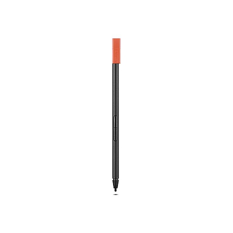 Un stylet noir avec un capuchon orange, des boutons et une pointe, sur fond blanc.