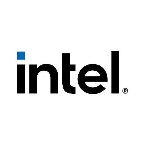 Das Intel-Firmenlogo in schwarzer Schrift mit einem blauen Quadrat über dem Punkt des i.