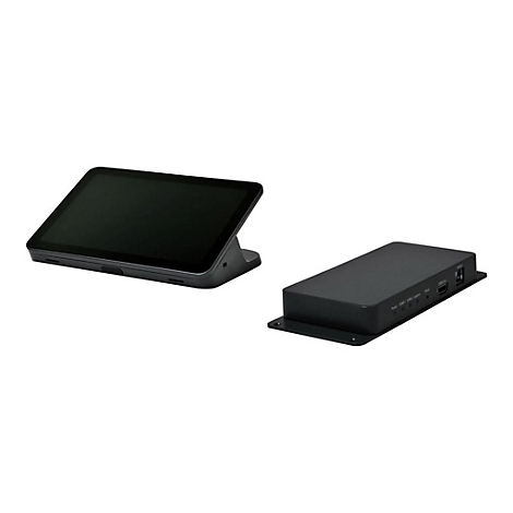 Ein schwarzes Tablet und eine schwarze Box auf weißem Hintergrund. Das Tablet ist geneigt und die Box hat Anschlüsse.