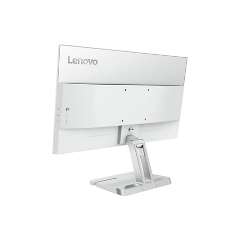 Rückseite eines weißen Lenovo Monitors auf einem Standfuß vor weißem Hintergrund.