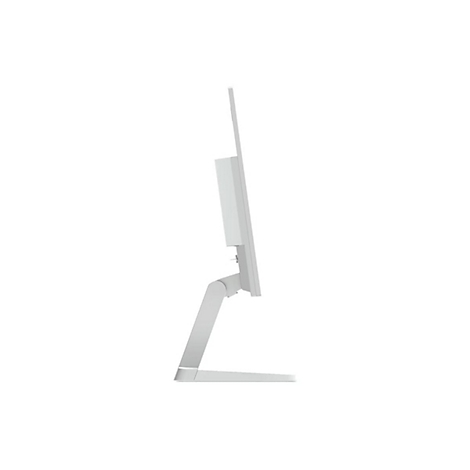 Seitliche Ansicht eines weißen Monitors auf einem schlichten Standfuß vor weißem Hintergrund.