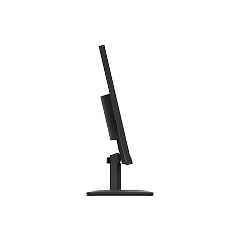 Seitliche Ansicht eines schmalen, schwarzen Computer-Monitors mit Standfuß auf weißem Hintergrund.
