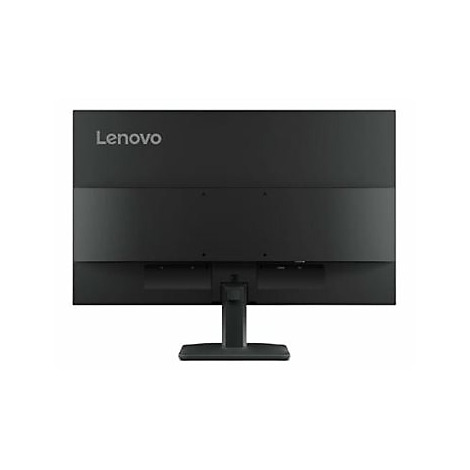 Rückseite eines schwarzen Lenovo-Monitors auf einem Standfuß vor weißem Hintergrund.