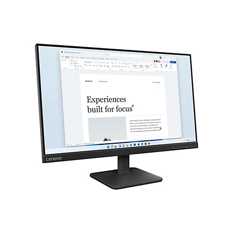 Lenovo Monitor mit schmalem Rahmen, der ein Microsoft Word Dokument mit der Überschrift 'Experiences built for focus' anzeigt.