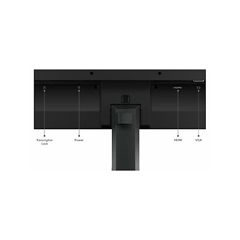 Rückseite eines Monitors mit Anschlüssen für Kensington-Schloss, Strom, HDMI und VGA.