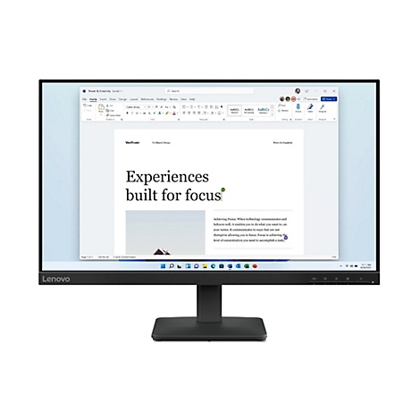 Schwarzer Lenovo-Monitor vor weißem Hintergrund mit geöffnetem Microsoft Word-Dokument.
