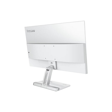 Rückansicht eines weißen Lenovo Monitors auf einem silbernen Standfuß vor weißem Hintergrund.