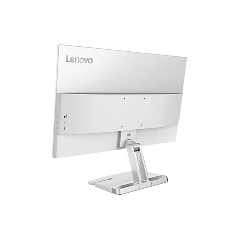 Rückansicht eines weißen Lenovo Monitors mit Standfuß vor weißem Hintergrund.
