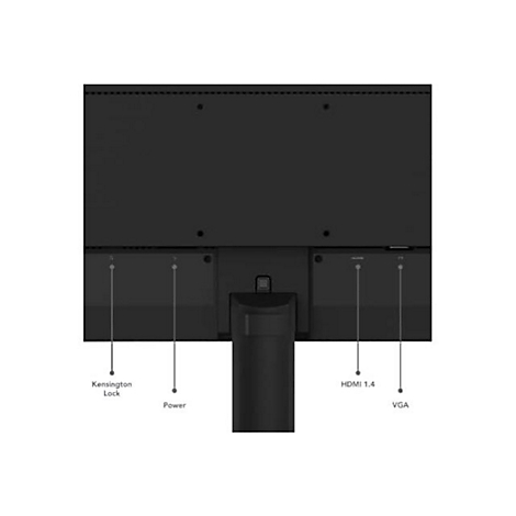 Rückseite eines schwarzen Monitors mit markierten Anschlüssen für Kensington Lock, Strom, HDMI 1.4 und VGA.