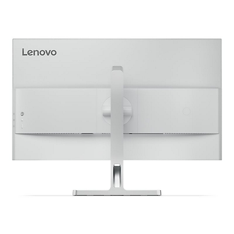 Rückseite eines weißen Lenovo Monitors mit Standfuß auf hellem Hintergrund.