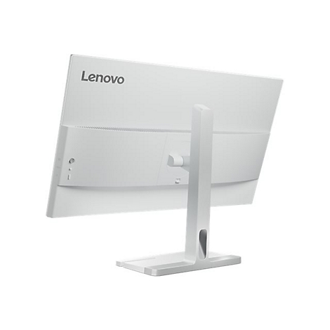 Die Rückansicht eines weißen Lenovo Monitors mit Standfuß auf weißem Hintergrund.