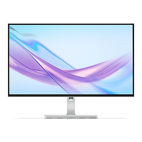 Moderner Computerbildschirm mit schmalem Rahmen und hellblau-lila geschwungenem Hintergrundbild auf einem silbernen Standfuß.