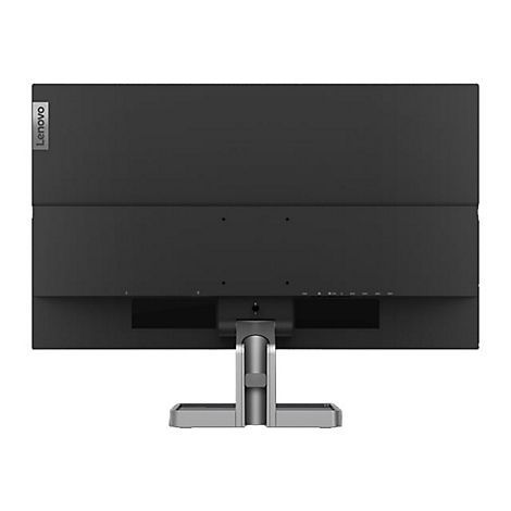 Rückansicht eines schwarzen Lenovo Monitors mit silbernem Standfuß vor weißem Hintergrund.