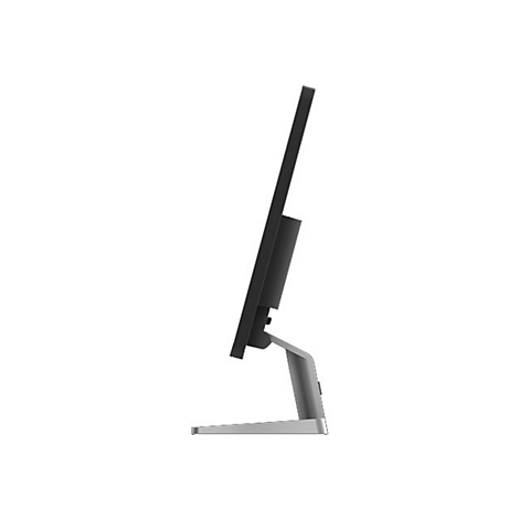 Seitenansicht eines modernen schwarzen Computermonitors mit einem schlanken silbernen Standfuß.