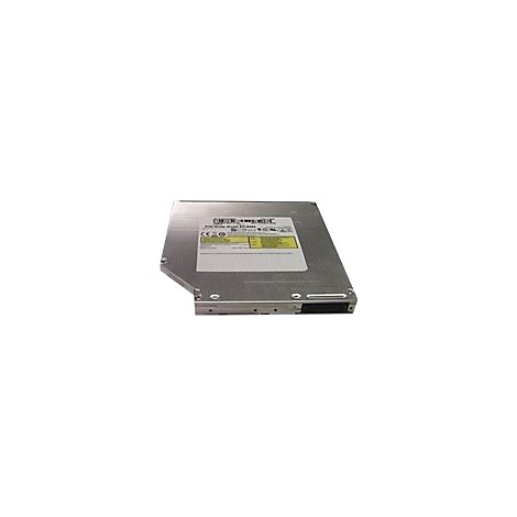 Flaches, silbernes DVD-Laufwerk für Laptops mit einem großen weißen Etikett auf der Oberseite.