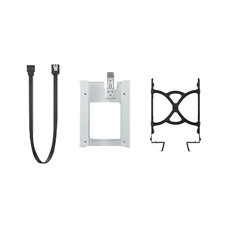 Drei Komponenten, PC-Kabel und Halterungen. Links ein schwarzes Kabel. Rechts Metall und Kunststoffteile.