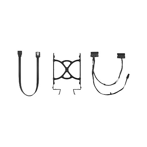 Drei schwarze Komponenten auf weißem Hintergrund: Kabel, ein Rahmen und ein weiteres Kabel.
