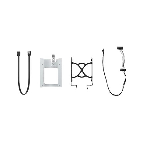 Mehrere Computerkomponenten: Kabel, Halterungen, und ein Rahmen, alle auf weißem Hintergrund.