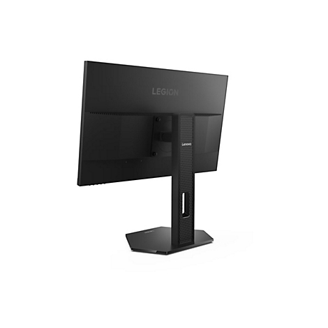 Rückansicht eines schwarzen Lenovo Legion Gaming-Monitors mit wabenförmigem Standfuß vor weißem Hintergrund.