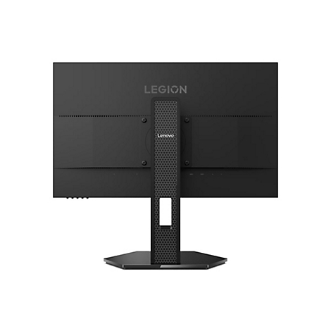 Rückseite eines schwarzen Lenovo Legion Gaming-Monitors mit Wabenmuster am Standfuß vor weißem Hintergrund.