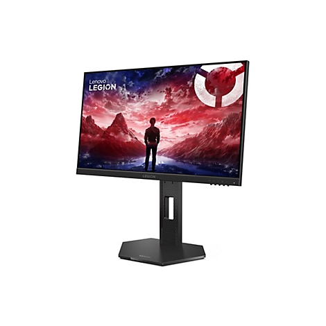 Lenovo Legion Gaming-Monitor vor weißem Hintergrund mit einem Bild einer Person vor einer dramatischen Berglandschaft.