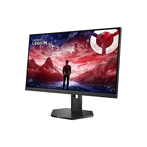 Schwarzer Lenovo Legion Gaming-Monitor vor weißem Hintergrund mit farbenfrohem Landschafts-Hintergrundbild.