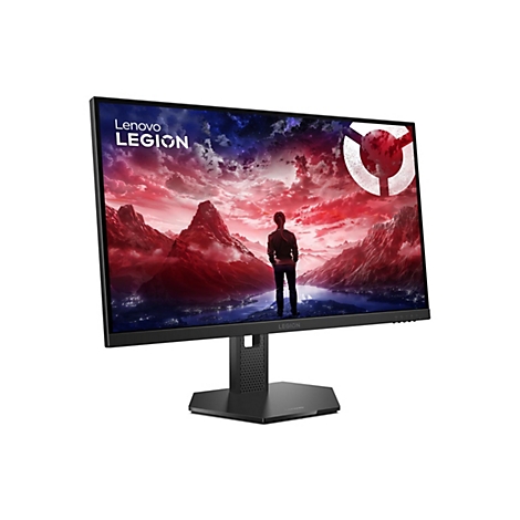Lenovo Legion Gaming-Monitor vor weißem Hintergrund mit einer dramatischen Berglandschaft auf dem Display.
