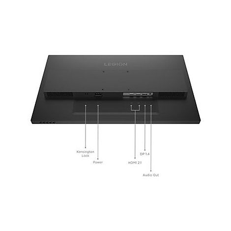 Rückseite eines Lenovo Legion Monitors mit beschrifteten Anschlüssen wie Power, HDMI 2.1, DP 1.4 und Kensington Lock.