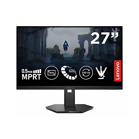 Lenovo Legion 27 Zoll Gaming-Monitor mit 240 Hz, QHD-Auflösung und 0,5 ms Reaktionszeit vor weißem Hintergrund.