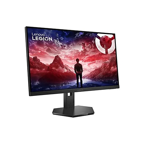 Lenovo Legion Gaming-Monitor vor weißem Hintergrund mit leuchtendem Spiellandschaft-Hintergrundbild.