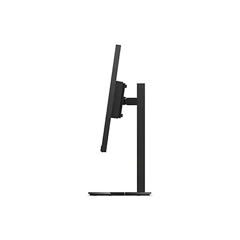 Seitenansicht eines modernen schwarzen Computermonitors mit schlankem Standfuß auf weißem Hintergrund.