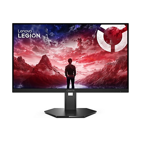Lenovo Legion Gaming-Monitor vor weißem Hintergrund mit roter Berglandschaft auf dem Display.