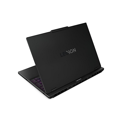 Schwarzes Laptop mit dem Wort 'LEGION' auf dem Deckel. Tastatur beleuchtet. Herstellerlogo Lenovo unten.