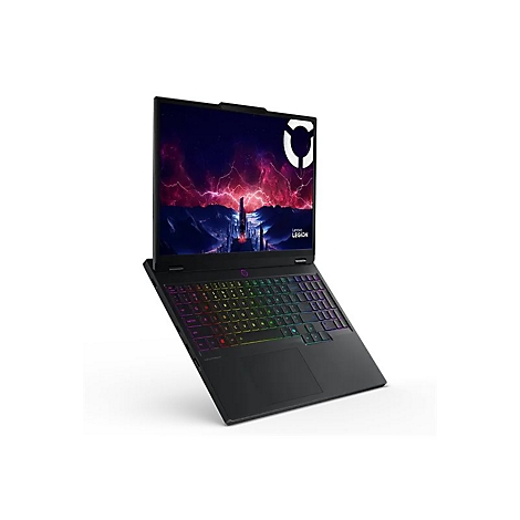 Schwarzes Laptop mit beleuchteter Tastatur. Bildschirm zeigt Landschaft. Logo und Schriftzug Lenovo Legion.