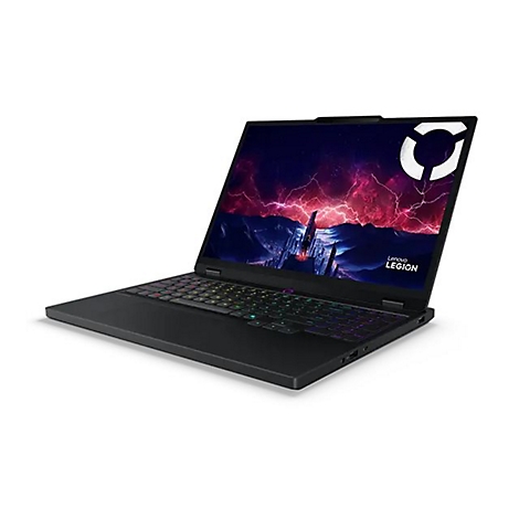 Schwarzes Lenovo Legion Gaming Notebook mit farbig beleuchteter Tastatur und Logo auf dem Display.