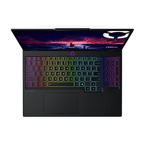 Draufsicht auf einen schwarzen Laptop mit farbig beleuchteter Tastatur. Der Bildschirm zeigt einen dunklen, farbenfrohen Hintergrund.