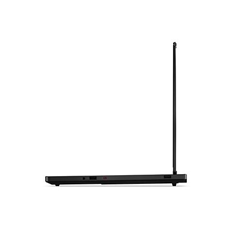 Draufsicht auf einen schwarzen Laptop, der leicht geöffnet ist. Die linke Seite zeigt Anschlüsse und einen Ein-/Ausschalter, die rechte Seite USB-Anschlüsse.