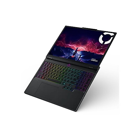 Schwarzer Laptop, Bildschirm mit Logo und Regenbogen-Tastaturbeleuchtung. Lenovo Legion Logo.