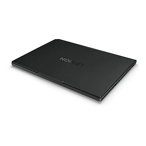 Schwarzer Laptop, Legion Schriftzug auf dem Deckel. Perspektivische Ansicht vor hellem Hintergrund.