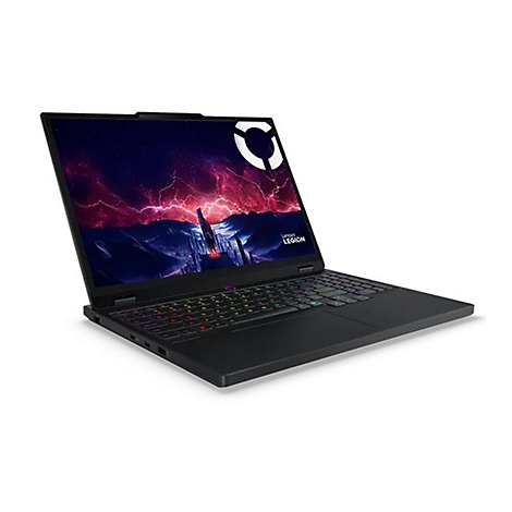 Schwarzer Lenovo Legion Laptop, geöffnet. Auf dem Bildschirm ein Gaming-Design. Tastatur mit RGB Beleuchtung.