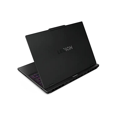 Schwarzer Laptop mit geöffnetem Deckel, Legion-Logo und Lenovo-Schriftzug. Die Tastatur leuchtet leicht violett.
